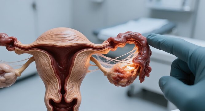 Macro shot of an anatomical model demonstrating pelvic inflammatory disease (pid) with inflamed fallopian tubes showing salpingitis and scar tissue adhesions, medical education health stock