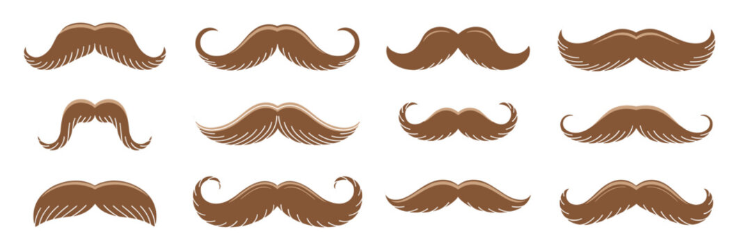 A set of twelve handdrawn brown mustache illustrations featuring diverse shapes and styles isolated on a white background for design projects and vintage graphic design elements