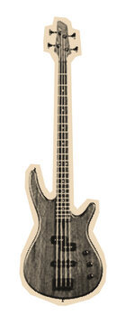Electric bass guitar musical instrument for rock and jazz music, depicted in a vintage halftone or retro pop art illustration