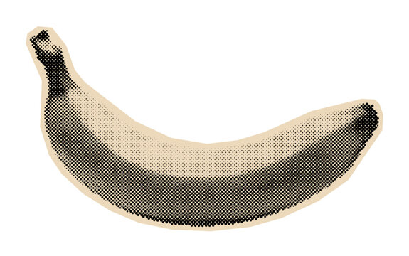Banana fruit illustration in a classic monochrome halftone print style, evoking a retro pop art or vintage comic book aesthetic