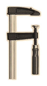 F-clamp bar clamp tool for woodworking and carpentry, rendered in a classic vintage halftone illustration with retro dotted shading