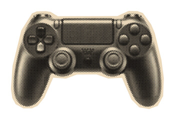 Modern video game controller or gamepad for a console, illustrated in a retro monochrome engraving and pop art halftone style © Mr. Stocker