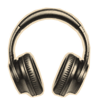 Headphones for listening to music or podcasts, a classic audio accessory rendered in a vintage halftone engraving illustration style