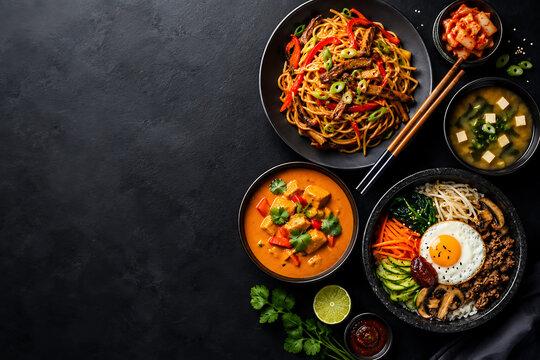 Asian cuisine assortment with bibimbap, stir fry noodles and red curry. Traditional oriental food dishes on dark stone table. Korean and Thai dinner set. isolated on White Background ai
