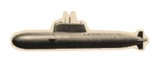 Vintage submarine illustration in a monochrome halftone pop art style, showing a classic naval military vessel used for underwater transport and combat © Mr. Stocker
