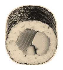 Single maki sushi roll with fish and rice, a classic piece of Japanese cuisine depicted in a vintage halftone engraving illustration © Mr. Stocker