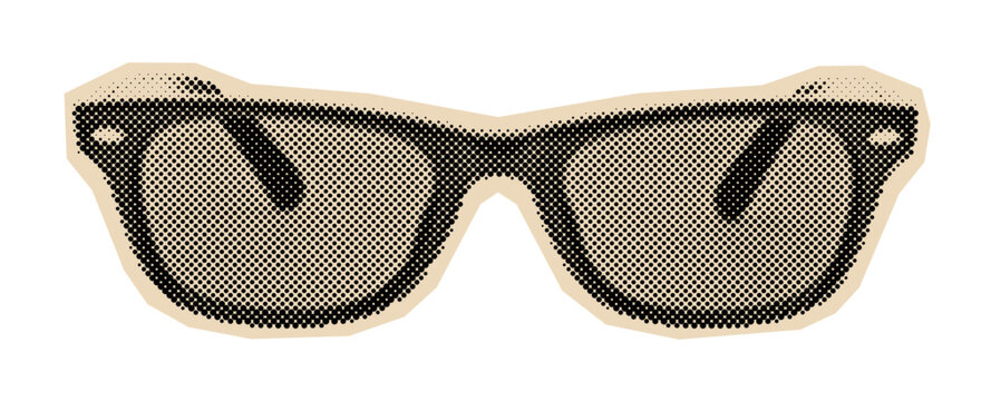 Classic sunglasses with a black trapezoid frame, a popular fashion accessory rendered in a vintage halftone illustration style