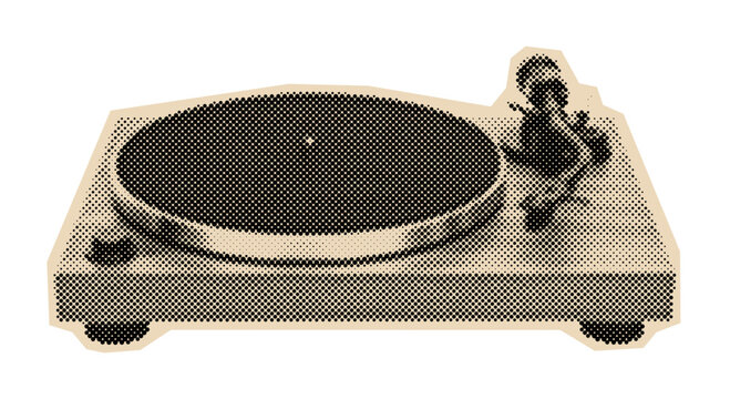 Vintage turntable record player with a tonearm and platter for playing vinyl LPs, rendered in a retro halftone illustration