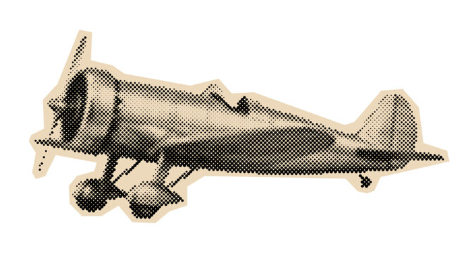Vintage propeller plane illustration of a classic monoplane aircraft, a historical symbol of early aviation in a retro halftone engraving style