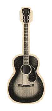 Vintage acoustic guitar illustration with retro halftone shading, a classic stringed musical instrument for playing folk or country music