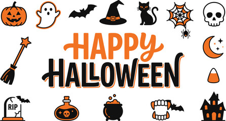 Halloween colorful vector graphic with spooky icons and happy greetings © Rainbow Rudu