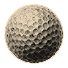 Fototapeta premium Single golf ball with its classic dimpled texture, illustrated in a vintage halftone engraving style for sports and recreation concepts