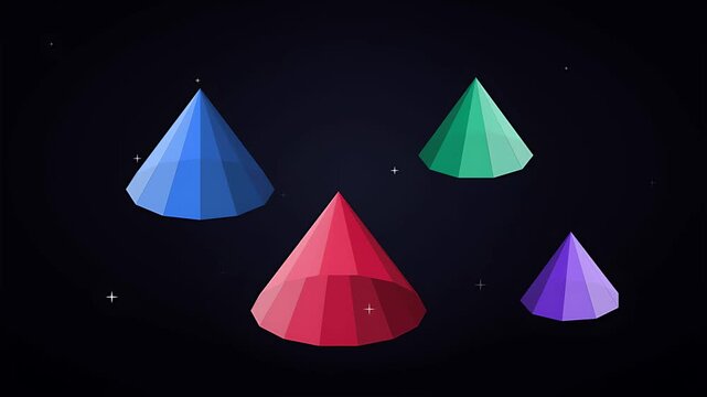Vibrant colored geometric pyramids floating in space demonstrating conceptual models for data analysis business strategy and educational learning processes