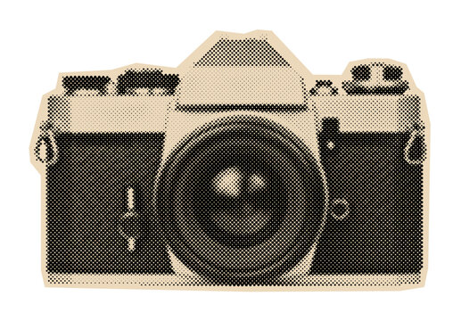 Classic SLR film camera illustration representing old-school photography, rendered in a vintage black and white halftone comic style
