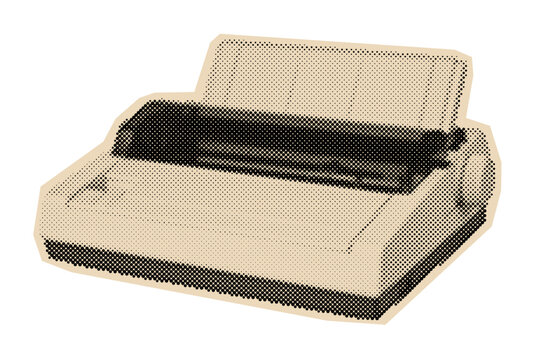 Vintage dot matrix printer illustration in a retro halftone pop-art style, depicting an old computer peripheral
