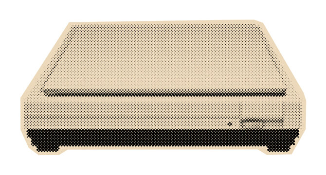 Vintage flatbed scanner illustration in a retro pop art style, depicting old office equipment for digitizing documents and photos