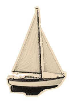 Classic sailboat illustration of a small yacht or sloop, rendered in a vintage monochrome halftone and engraved graphic style