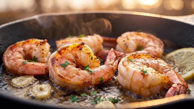 Sizzling Peeled Shrimp Cooking in Garlic Butter Skillet with Fresh Parsley