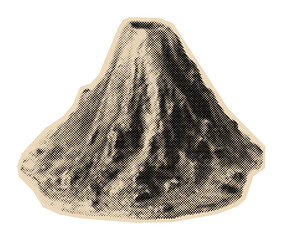 Vintage volcano illustration in a retro halftone dot style, depicting a natural landform with a crater © Mr. Stocker