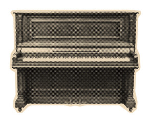 Vintage upright piano illustration with keys and pedals, rendered in a retro halftone engraving style © Mr. Stocker