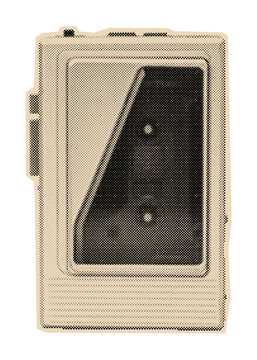 Vintage cassette player illustration with a retro halftone dot pattern, depicting an old portable audio device