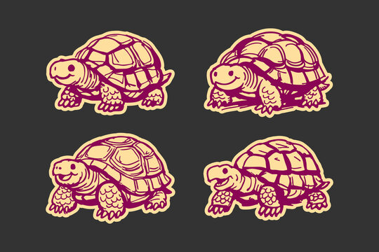 Turtle character set illustration featuring cute tortoises in different poses with a vintage style color palette isolated on a solid dark gray background for design