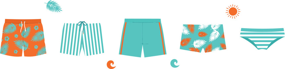 Men Swimwear and Board Shorts Vector Collection Featuring Tropical Patterns Stripes and Briefs for Summer Beach Vacation Fashion Designs and Retail Mockups © Armina