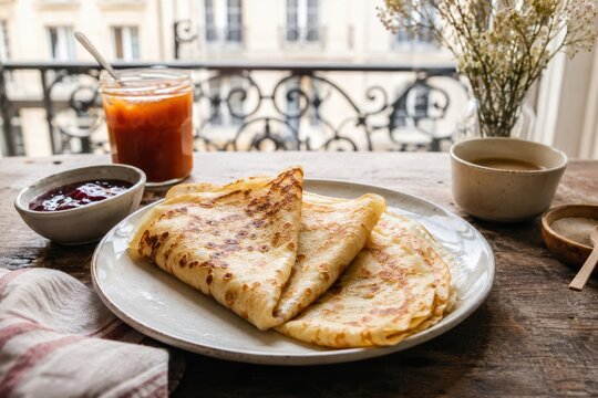 Plato con crepas en una mesa cerca de una ventana con vista a la ciudad