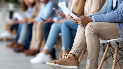 Fototapeta premium Diverse people in smart casual clothes holding documents CVs resumes and cellphones waiting in line for job interviews in recruitment agency showing legs in low section, hiring