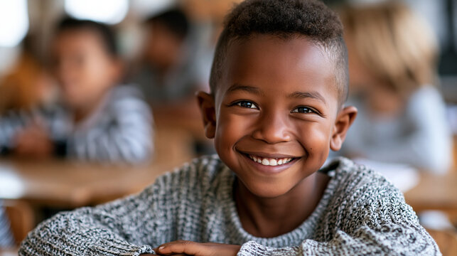 Portrait of Black student boy looking at camera and smiling at school, youth education concept, school photography, blurred classroom background, with copy space