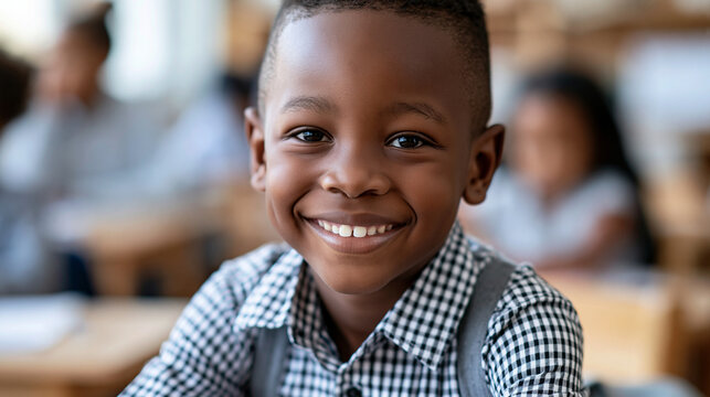 Portrait of Black student boy looking at camera and smiling at school, youth education concept, school photography, blurred classroom background, with copy space