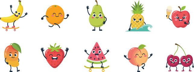 Obraz premium Cute cartoon fruit characters set with happy faces and funny poses