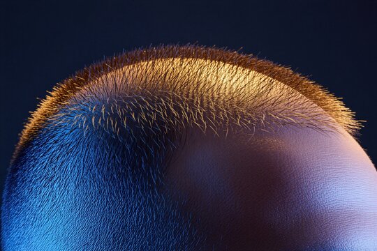 Close up of human scalp with sparse hair growth. Skin texture visible with dramatic yellow and blue lighting. Shows hair loss and balding pattern.