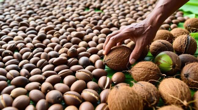Farmer sorts coconuts for drying into copra on a tropical plantation. Many brown nuts cover green banana leaves. Hands select ripe fruit, preparing for processing. Traditional food production.
