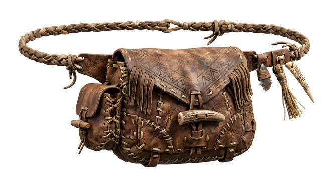 Prehistoric Primitive Leather Pouch Replica: Highly Detailed 3D Render of Ancient Stone Age Artifact Isolated on White