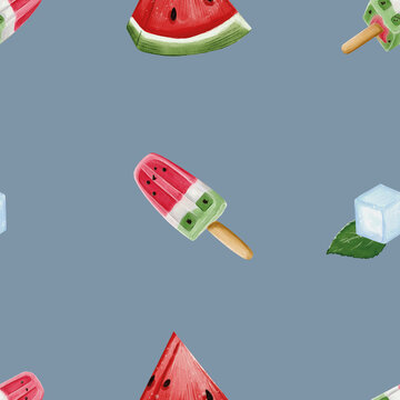 Summer pattern which includes watermelon, watermelon ice-cream, mint and ice on grey background. Made in Procreate in Watercolour technique. Jpeg file. 300 DPI