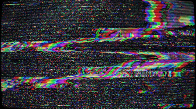 Abstract TV signal glitch with colorful rainbow static noise.