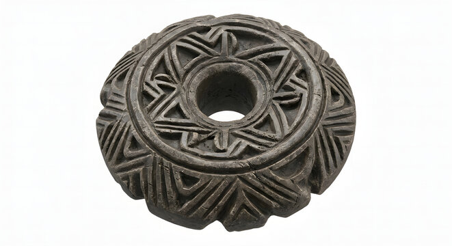 Highly Detailed 3D Render of an Ancient Carved Spindle Whorl Artifact Isolated on White