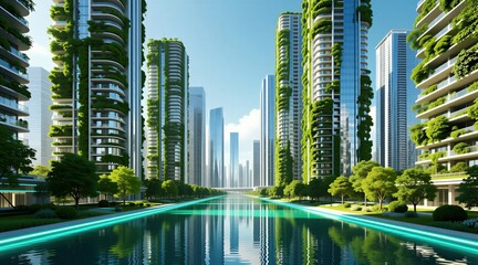 Obraz premium Futuristic green city with eco skyscrapers, canals, parks, and modern architecture. Tall buildings covered in plants reflect in water, showcasing a sustainable urban future with nature integration.