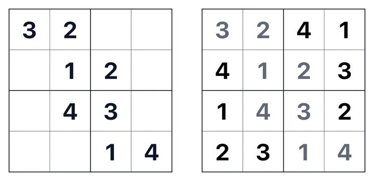 Easy classic sudoku puzzle game for kids with numbers 1 to 4. Educational logic riddle worksheet template with answer key. Children mind teaser activity book page vector illustration.