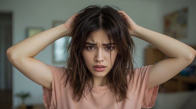 Stressed girl holding her head with both hands looking at her brittle hair and split ends in a bright room.