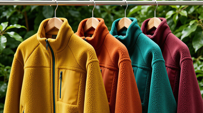 Fleece jackets in four vibrant colors hang on rack outdoors. Garments are made from textured material with zippered pockets, contrasting panels. Outdoor apparel features cozy fabric, modern design.
