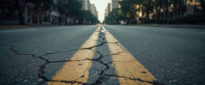 Broken asphalt road surface with a severe crack representing poor infrastructure maintenance.