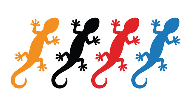 Five colorful geckos march in a playful row across a bright canvas.