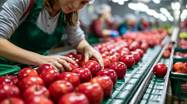Fruit packing worker sorting red apples on a padded conveyor removing blemished ones under inspection lighting in a packing shed.
