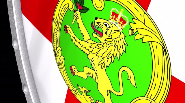 Metallic Shield Transitions with the Flag of Crown Dependency Island Alderney of United Kingdom