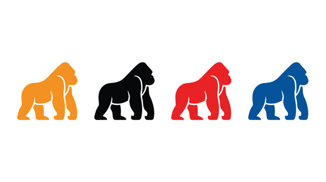 Row of four colorful gorilla silhouettes in orange, black, red and blue on white background.