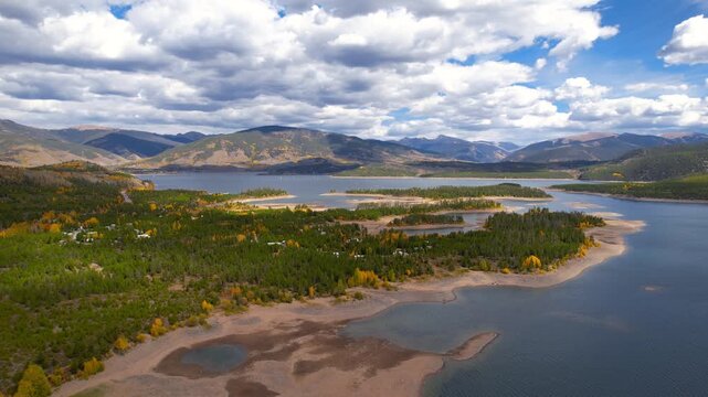 Aerial flight over Dillon Reservoir in Colorado during autumn