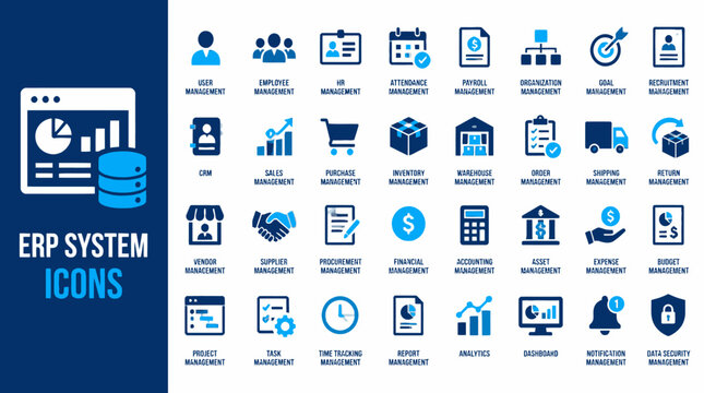 Collection of ERP System Icons for Business Software Infographic.