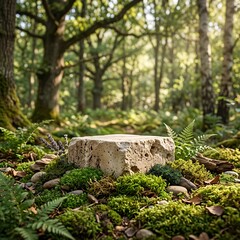 Fototapeta premium Stone Podium Display in Lush Green Forest Setting 